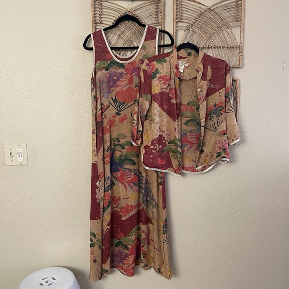 Vintage Citron Santa Monica Silk 2-Piece Maxi Dress & Blouse Peacock Sz XS B17